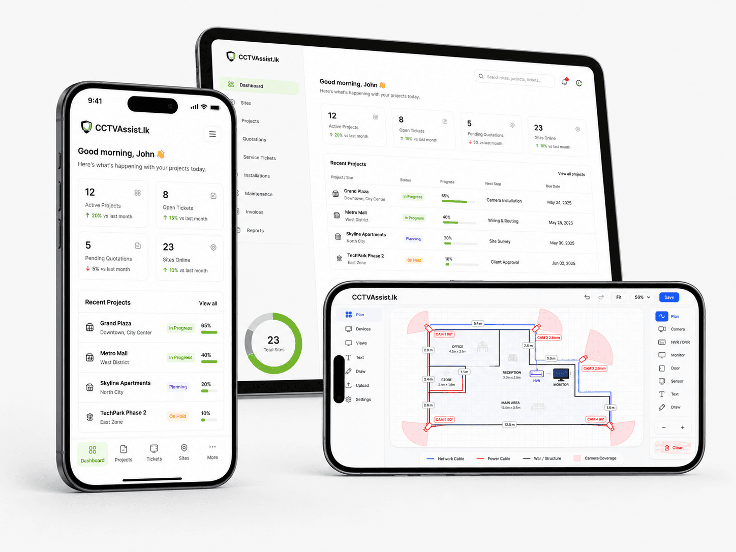 CCTVAssist dashboard displayed on mobile, desktop and layout planner screens